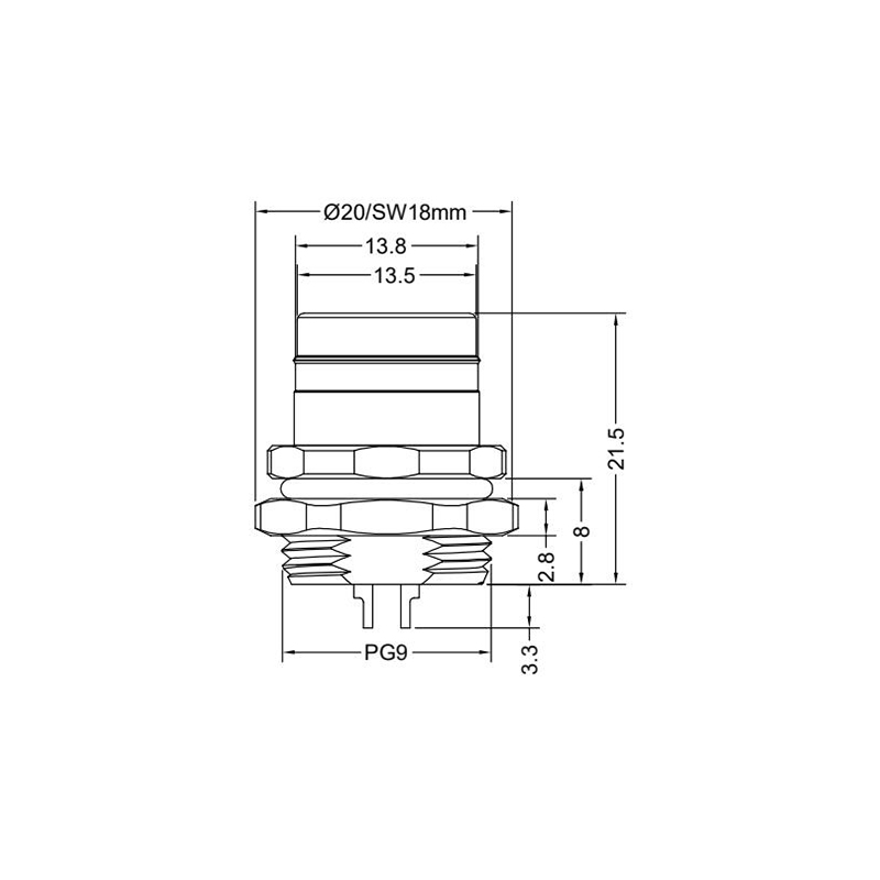 Push-pull m12 3pins A code female straight rear panel mount connector PG9 thread,unshielded,solder,brass with nickel plated shell